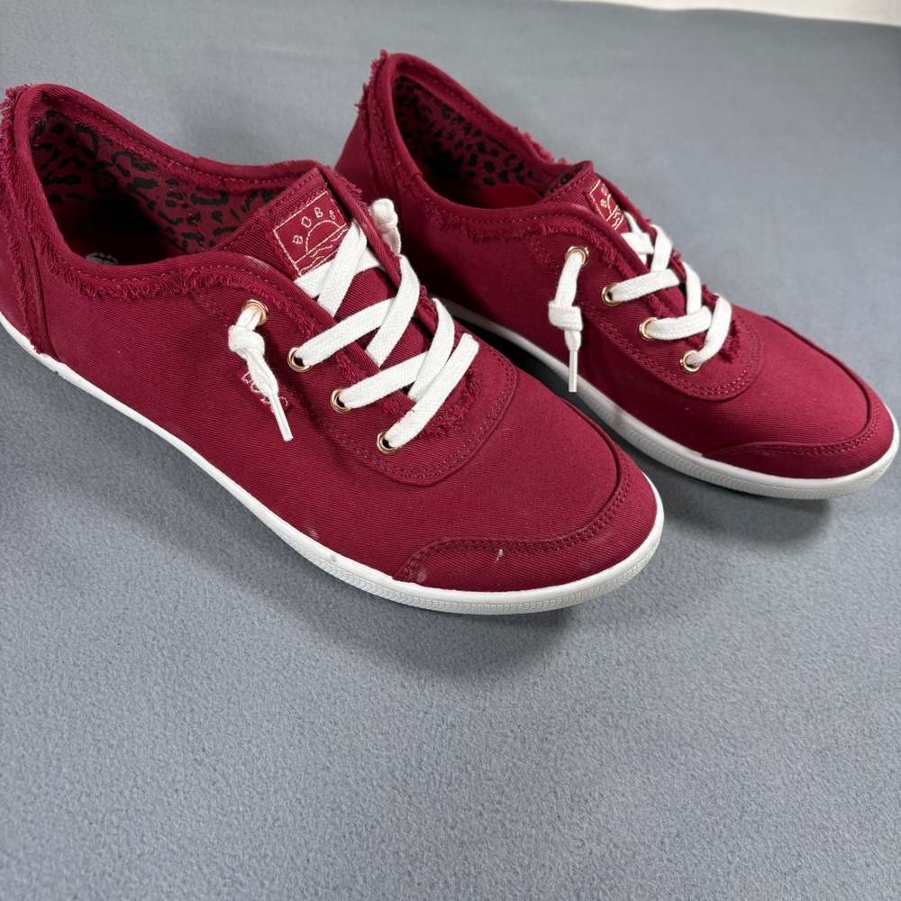 Skechers BOBS B-Cute Sneakers Women 8.5 Burgundy Good Frayed Canvas Memory Foam